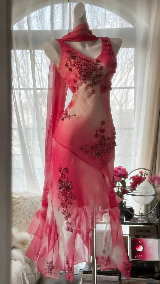 Dreamy Smudged Flower Beaded Chiffon Irregular Skirt Prom Dress P3298