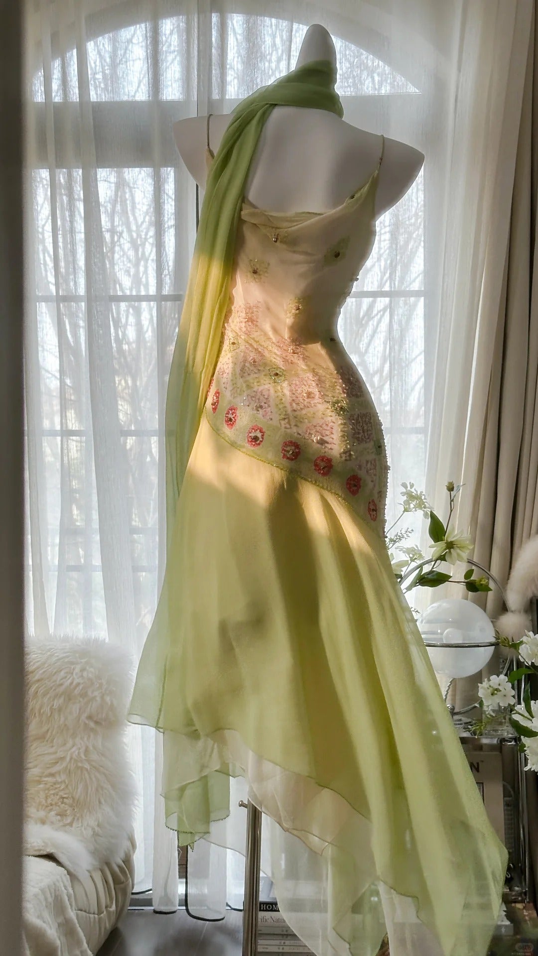 Flowing Grass Green Beaded Chiffon Irregular Hem Prom Dress P3306