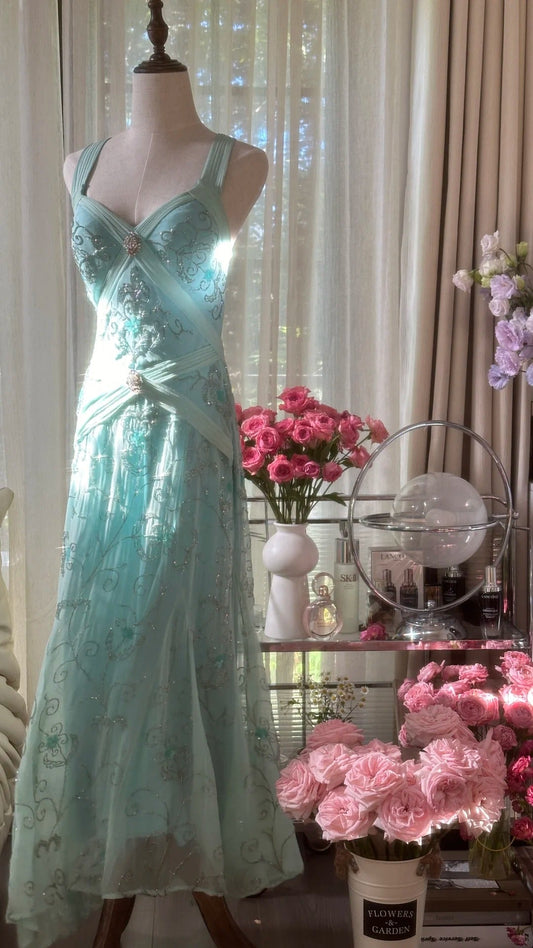 Stunning Blue Backless Beaded Chiffon Mermaid Maxi Prom Dress P3357