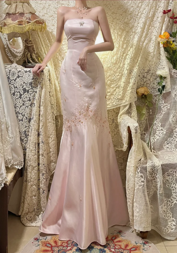Vintage Pink Strapless Satin Beaded Mermaid Prom Dress P3758