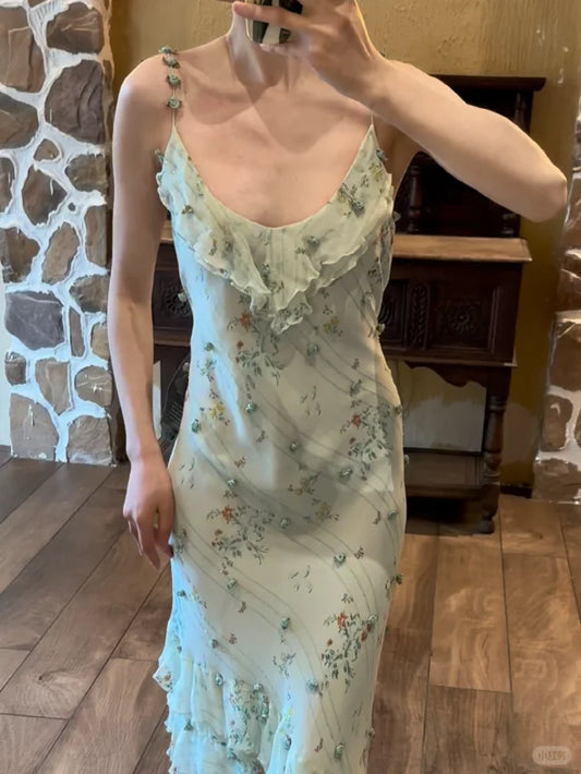 Sage Green Floral Mermaid Spaghetti Strap Layered Chiffon Evening Dress Party Dress SH3800