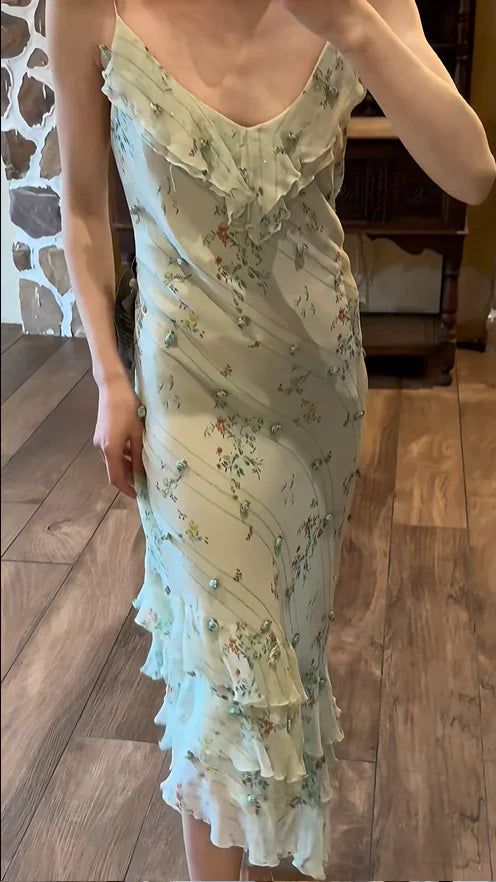 Sage Green Sheath Spaghetti Straps Beaded Chiffon Prom Dress Party Dress SH4064