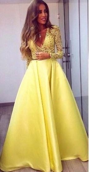 Yellow Prom Dresses Appliques Floor-Length Long Sleeves Formal Dresses P6707