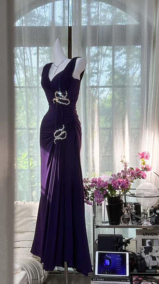 Retro Sexy Dark Purple Beaded Mermaid V Neck Chiffon Evening Dress Party Dress SH3474