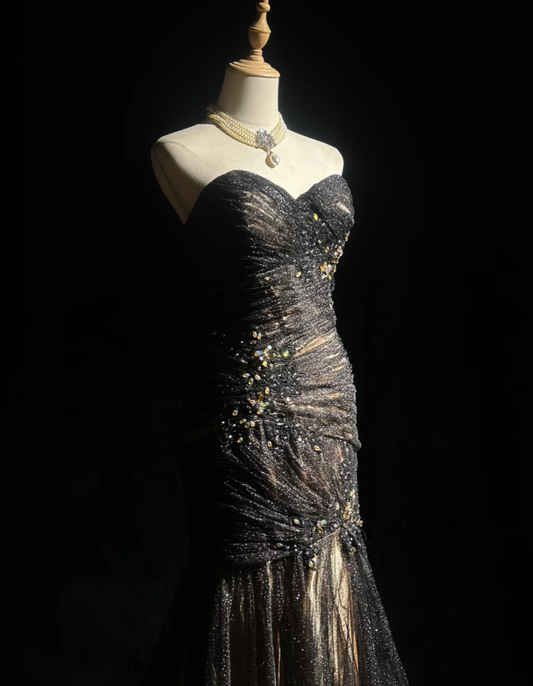 Glitter Strapless Tulle Appliques Beaded Mermaid Long Evening Dress Birthday Prom Dresses SP1791