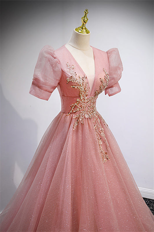 Pink Tulle A-Line V-Neck Short Sleeves Appliques Prom Dress