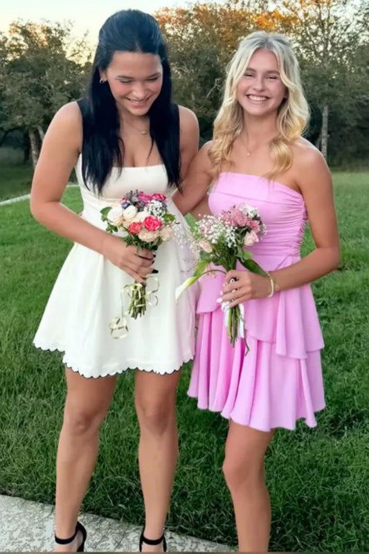 Pink Satin A-Line Empire Strapless Tiered Homecoming Dress