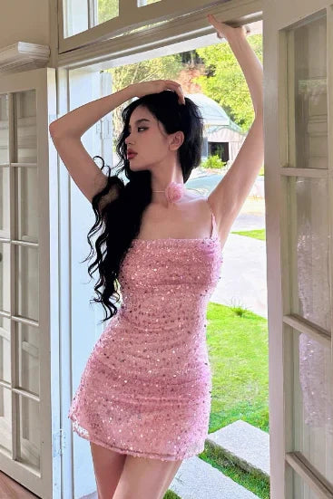 Pink Sequins Spaghetti Straps Bodycon Mini Party Homecoming Dress