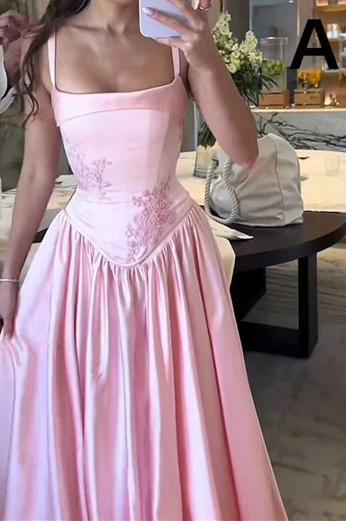 Pink Spaghetti Straps Satin A-Line Long Appliques Bridesmaid Dress
