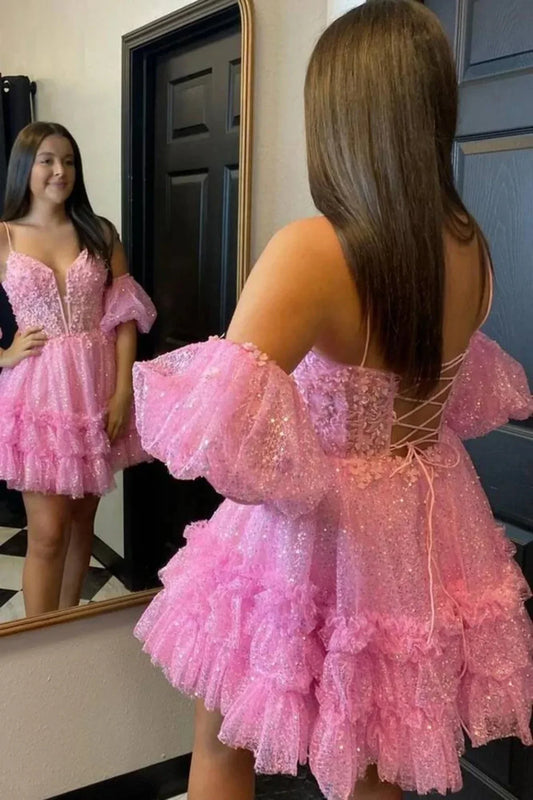 Pink Spaghetti Straps Sparkly A-Line Homecoming Party Dress