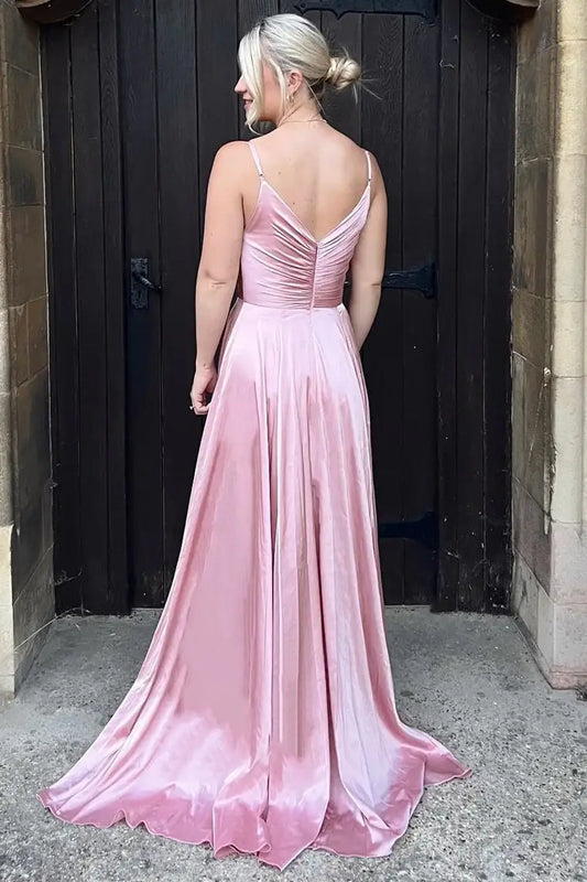 Pink V-Neck Sleeveless Satin A-Line Bridesmaid Dress