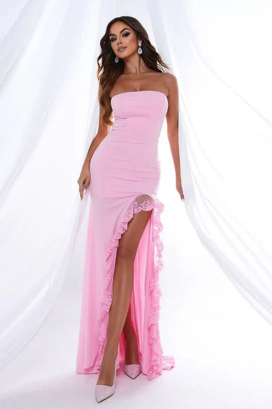 Pretty Pink Satin Strapless Party Evening Dress With Lace Slit
