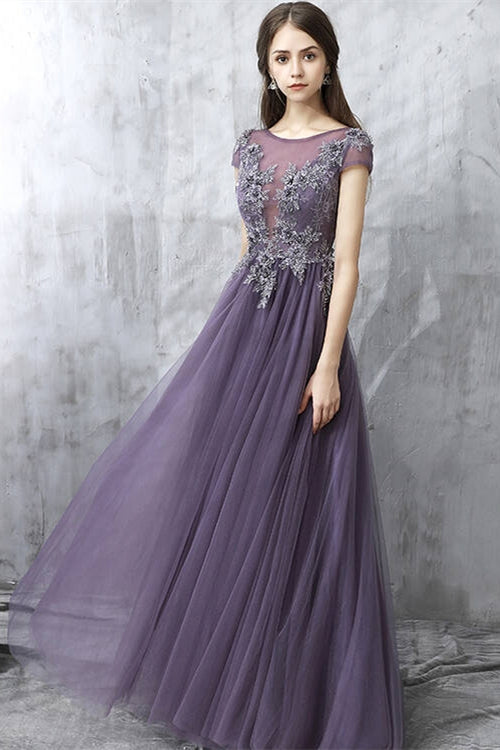 Cap Sleeves Scoop Tulle A-Line Lace Appliques Prom Dress