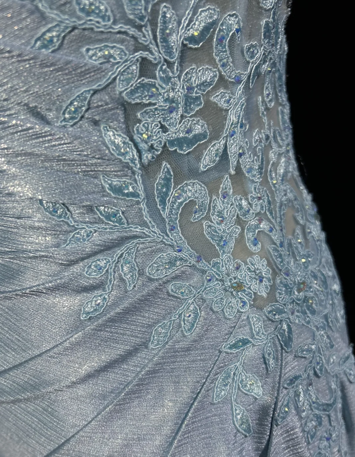 Elegant Spaghetti Straps Blue Satin Appliques Sequin Mermaid Long Wedding Guest Dress Evening Dress D1846