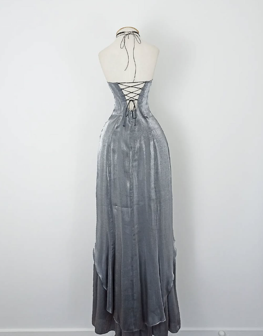 Retro A Line Spaghetti Strap Grey Beaded Satin Long Evening Dress Party Dress SH3169