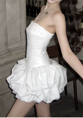 Chic Homecoming Dress Strapless Shirred Cascade Short Prom Dress Back to School Outfits Party Dress D6068