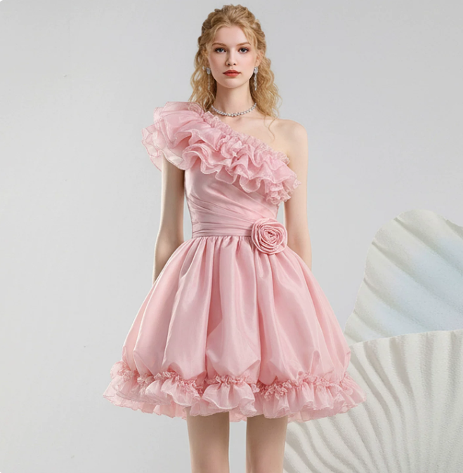 Charming Homecoming Dress One Shoulder Flouncing Flower Pleated Prom Dress Back to School Outfits Party Dress D6246