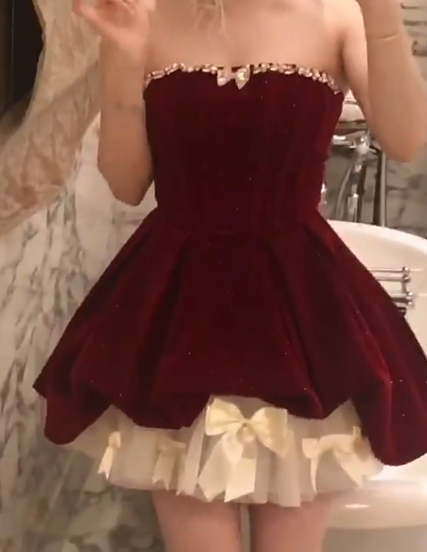 Chic Homecoming Dress Strapless Bowknot Rinestone Dress Back to School Outfits Party Dress D6332