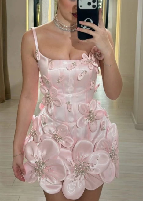 Chic Homecoming Dress Flower Beading Dress Back to School Outfits Party Dress D6333