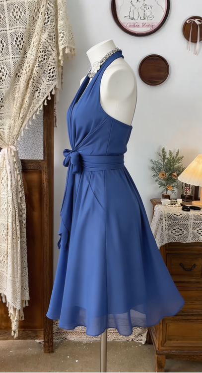Elegant Homecoming Dress Halter Bowknot Backless Back to School Outfits Party Dress D6491