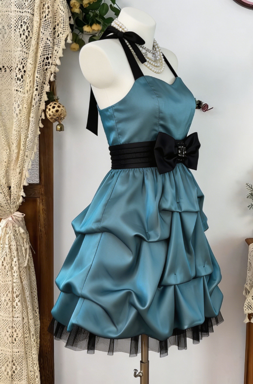 Elegant Homecoming Dress Halter Bowknot Cascade Lace Back to School Outfits Party Dress D6589