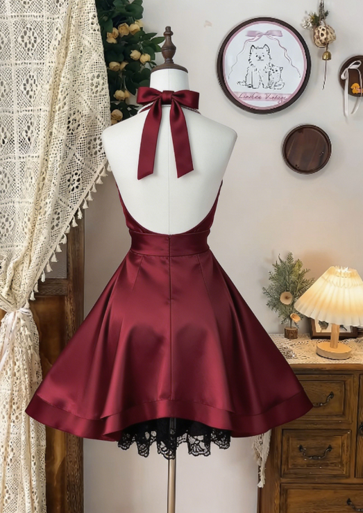 Chic Homecoming Dress Halter Lace Pleated Backless Back to School Outfits Party Dress D6617