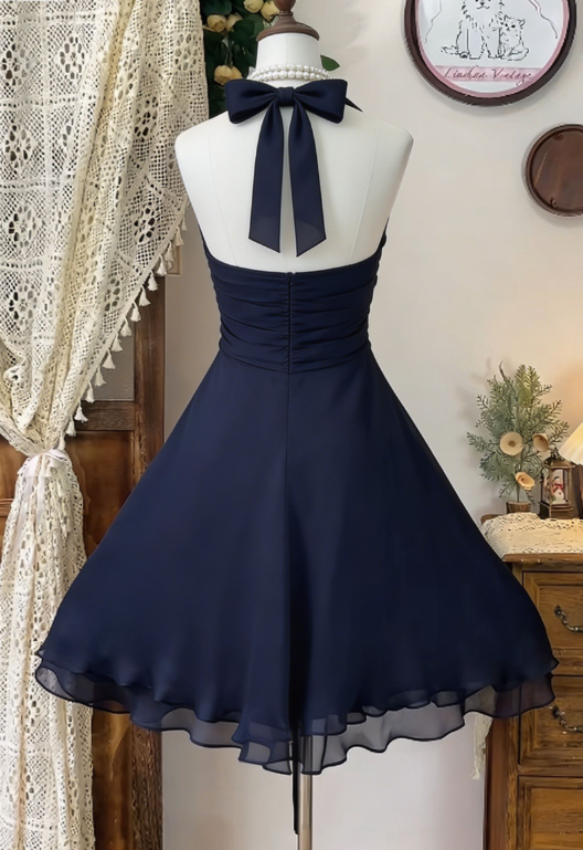 Chic Homecoming Dress Halter Pleated Back to School Outfits Party Dress D6614