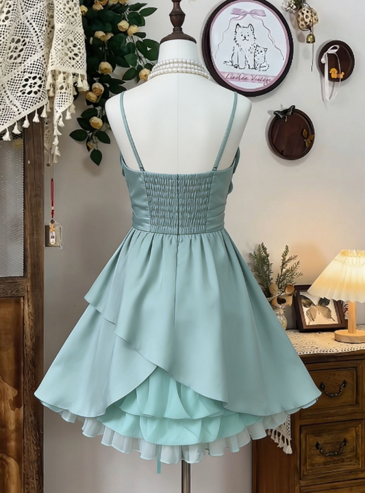 Chic Homecoming Dress Spaghetti Strap Bowknot Pleated Back to School Outfits Party Dress D6624