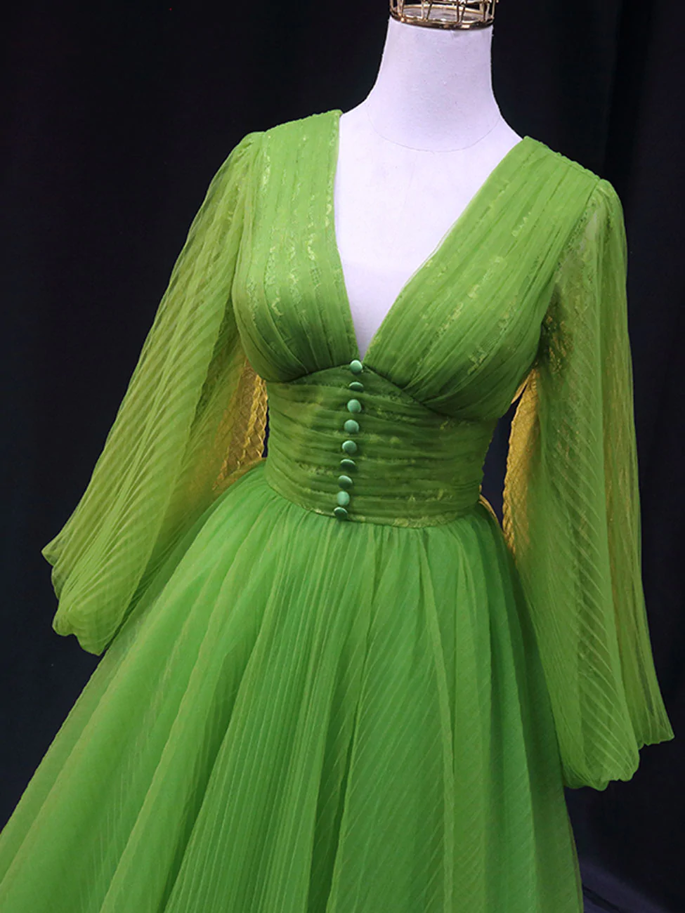 Green A Line Long Prom Dresses, V Neck Green Tulle Long Formal Evening Dresses fg2229