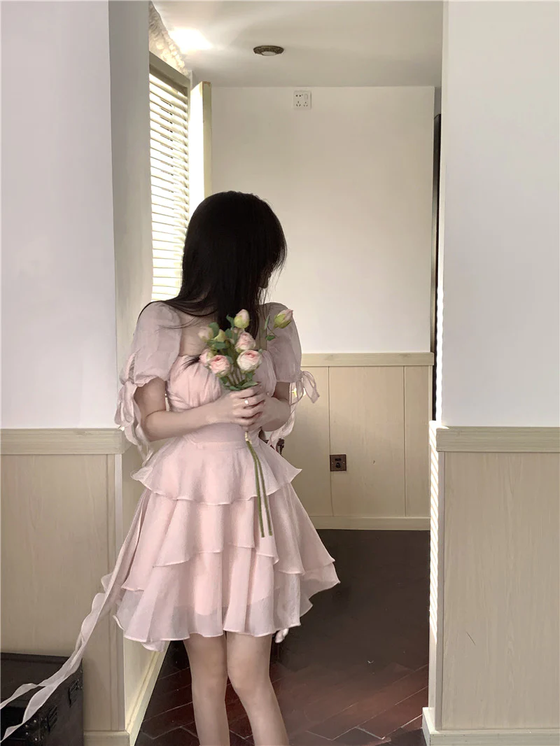 Ruffled Puff Sleeve Dress Solid Square Collar Women's Summer Dress , Homecoming Party Dress fg2740