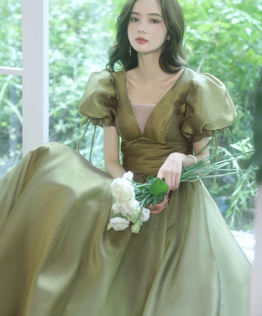 Green Evening Dress, Wedding Guest Dress, Puff Sleeve Dress, Fairy Dress, Cottagecore Dress, French Vintage Dress fg2943