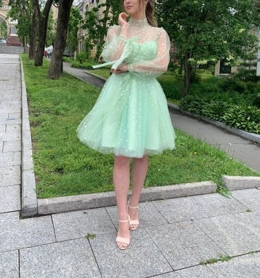 Light Green Short Tulle Prom Dresses,Long Sleeve Homecoming Party Dress fg2705