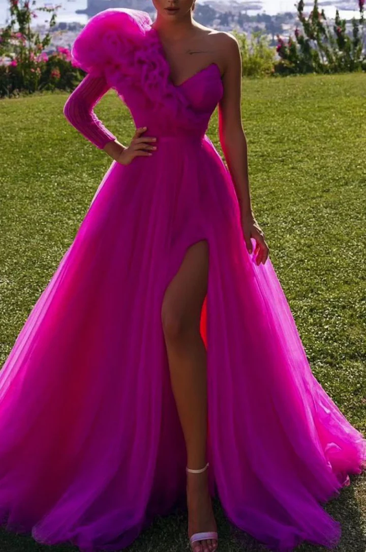 Ruffles Formal One Shoulder Tull High Slit Guest Dress Prom Dresses fg3131