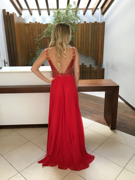 Gorgeous Red Crystals Straps Sleeveless A-line Chiffon Prom Dress fg2283