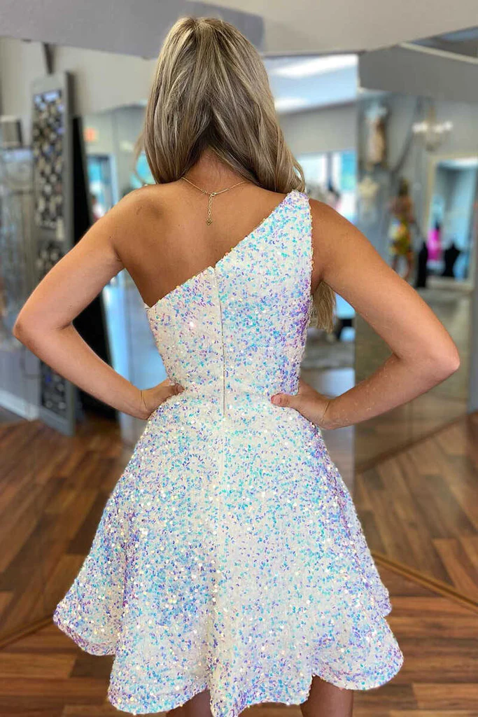 Sparkly A Line Sequined One Shoulder Homecoming Gown Short Prom Dress fg2543