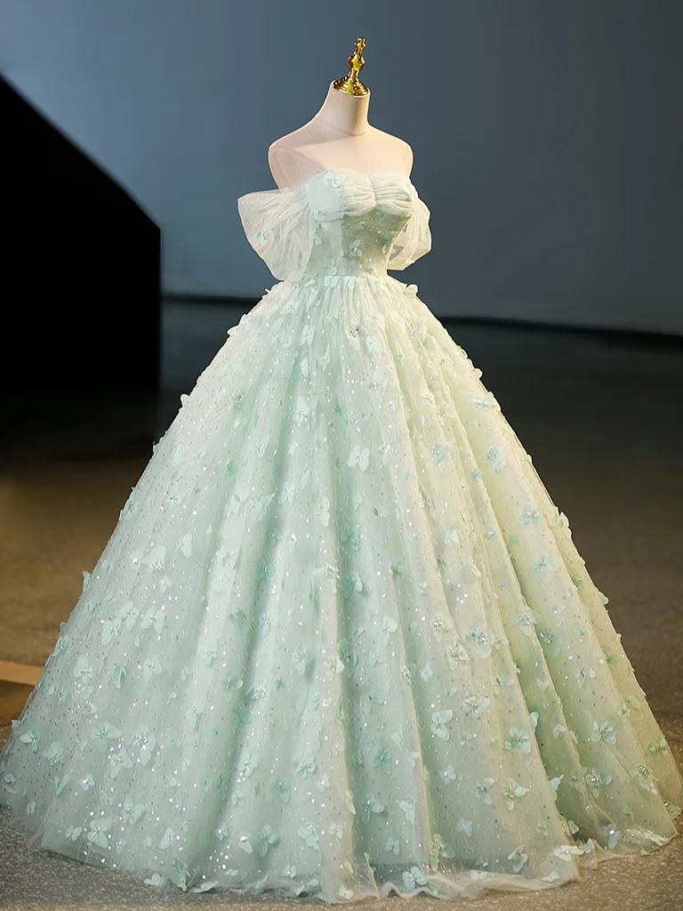 Green Tulle A-Line Lace Long Prom Dress, Green Lace Long Sweet 16 Dress fg5229