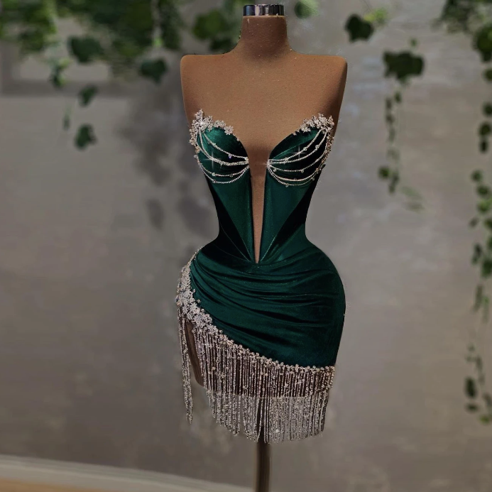 Sexy Elegant Short Party Dresses Strapless Sleeveless Crystals Tassel African Women Mini Evening Cocktail Gowns fg3519