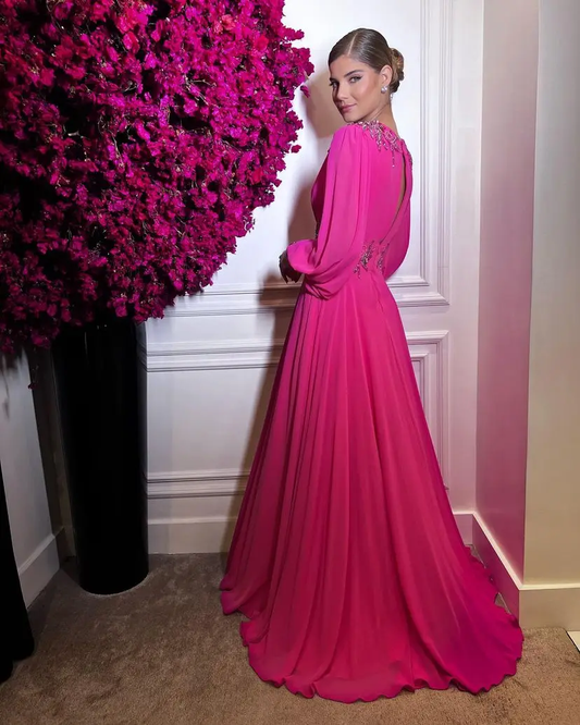 Fuchsia Chiffon Prom Dresses Simple Evening Dress Long Puff Sleeves V Neck Slit A Line Party Gowns fg4859