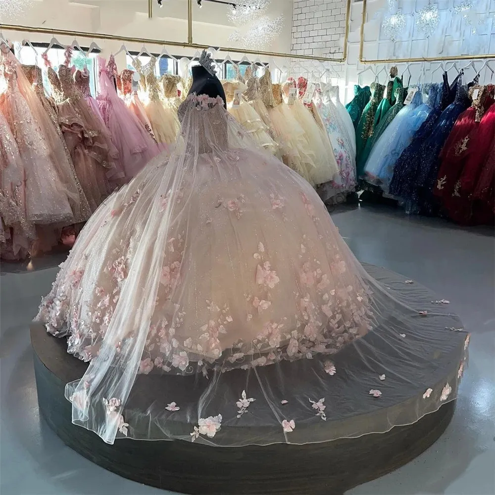 pink Sweetheart Quinceanera Dresses Ball Gown 3D Flowers Formal Prom Graduation Gowns Princess Sweet 15 16 Dress fg5587