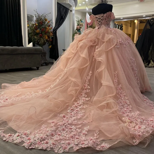 Pink Lace Long Prom Dresses, Ball Gown Sweet 16 Dresses fg3427