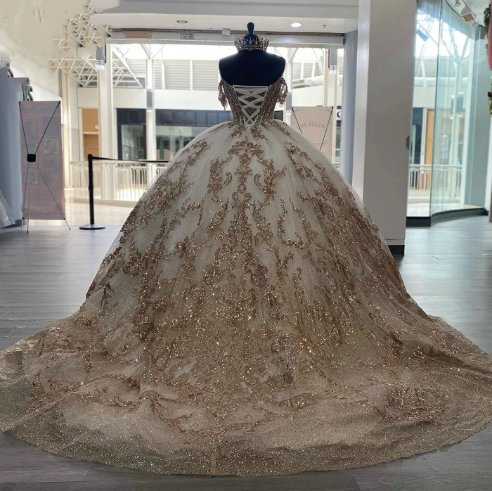 Champagne Beading Tassel Ball Gown Quinceanera Dress Spaghetti Sequined Appliques Lace Vestidos De 15 Años fg5746