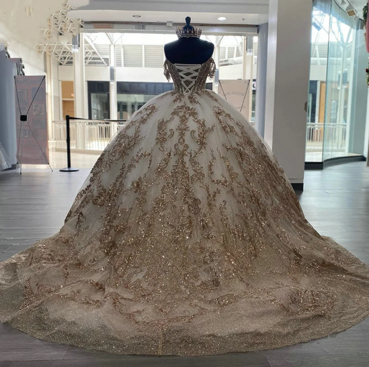Champagne Beading Tassel Ball Gown Quinceanera Dress Spaghetti Sequined Appliques Lace Vestidos De 15 Años fg5746