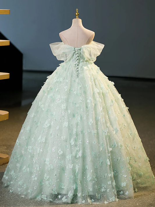 Green Tulle A-Line Lace Long Prom Dress, Green Lace Long Sweet 16 Dress fg5229