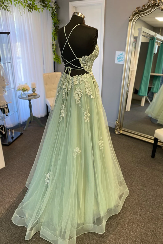 Straps Sage Green Appliques A-line Long Formal Dress fg4484