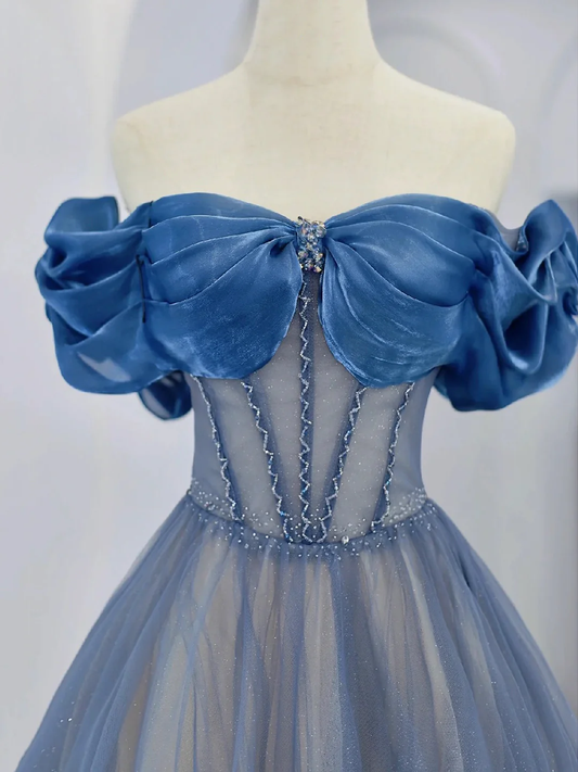 Blue Tulle Beaded Long Prom Dress, Off the Shoulder Evening Party Dress fg5069