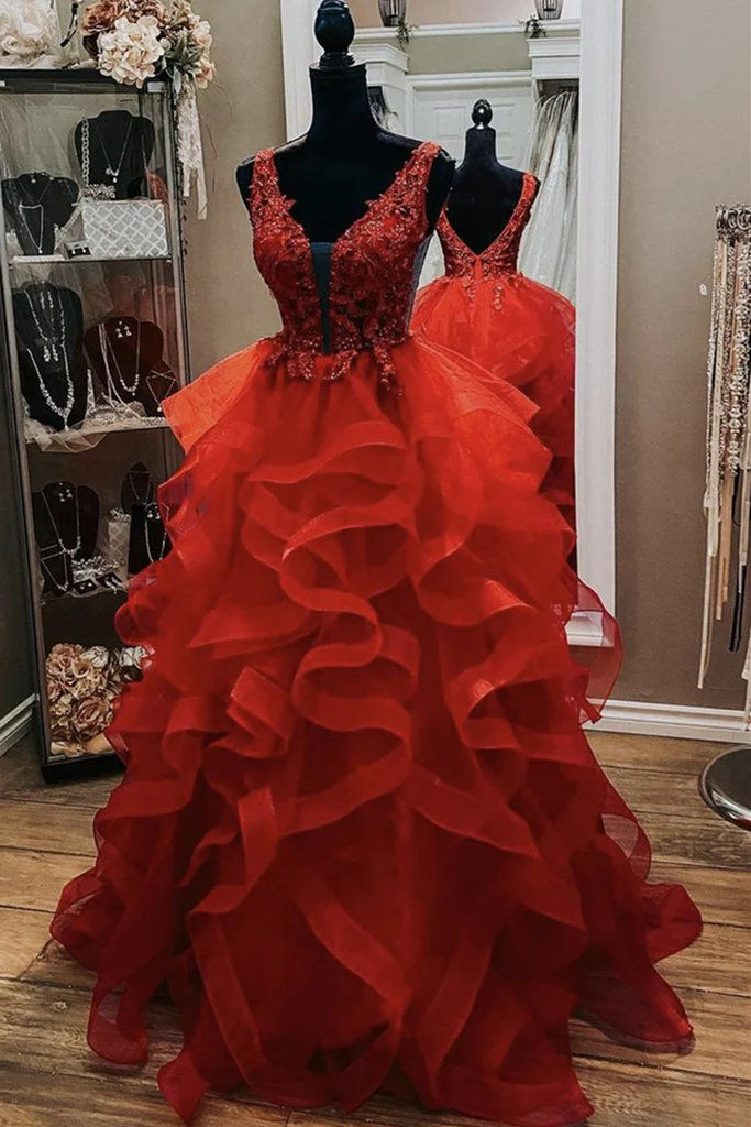 Gorgeous V Neck Open Back Red Lace Long Prom Dress, Red Lace Formal Evening Dress, Red Ball Gown fg3174
