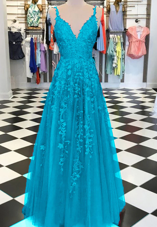 Fancy Girls V neck Lace Appliques Prom Dresses with Straps fg4654