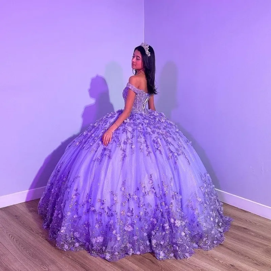 Purple Shiny Puffy Princess Quinceanera Dresses Off Shoulder Beads 3D Floral Gillter Sequins Lace-up Corset Vestidos 15 anos rosa fg5533