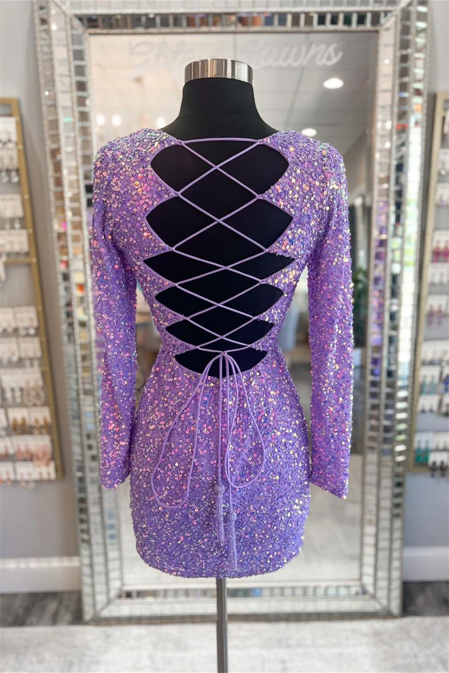 Lace-Up Sequins Plunging V Neck Long Sleeves Sheath Homecoming Dress fg5695