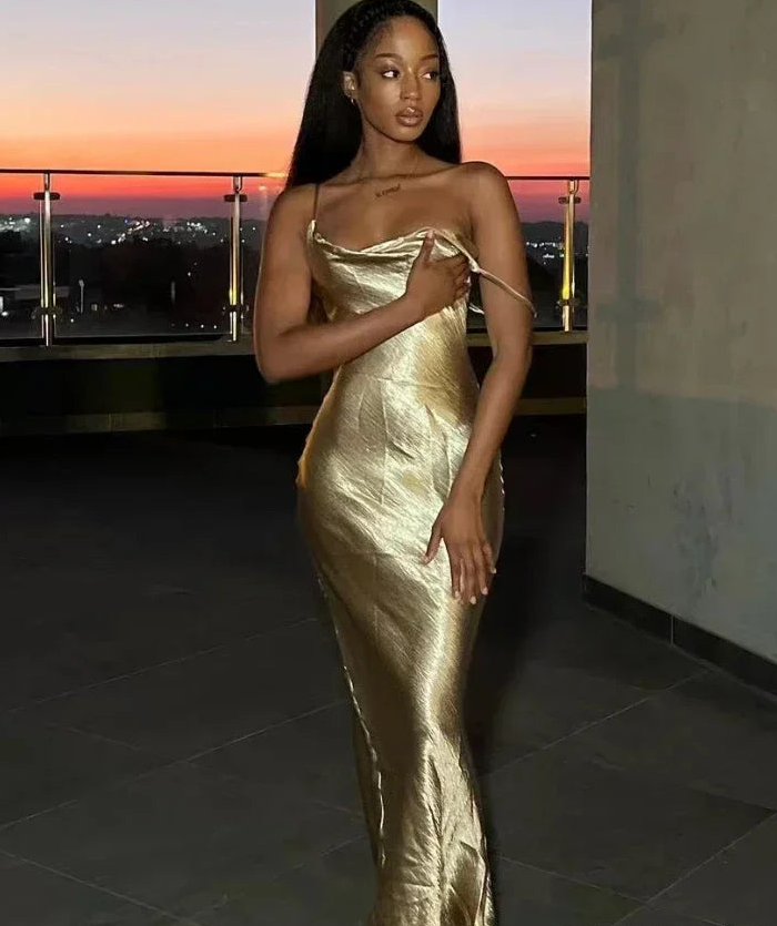 Elegant Satin Backless Maxi Dress For Women Spaghetti Strap Sleeveless Night Club Long Prom Party Dress fg6148